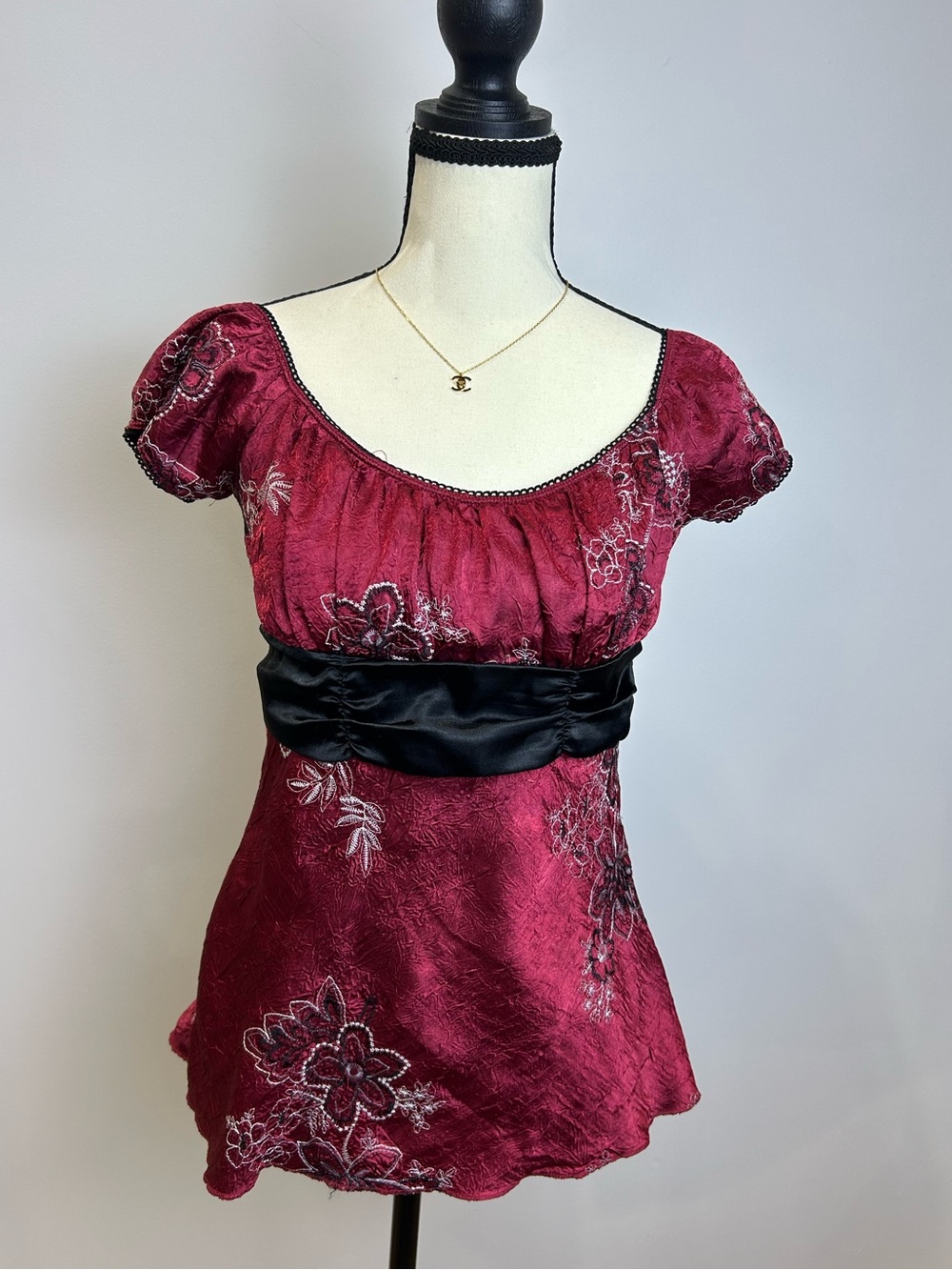 Heart Soul Satin Burgundy Babydoll Scoop-Neck Top With Floral Embroidery